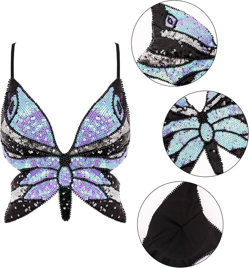 Mocure Womens Glitter Sequin Butterfly Crop Top Low-Cut Tank Top Rave Tube Vest Top for Belly Dance Costume Outfits - Image 5